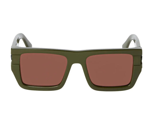 Sunglasses with green frame and red-tinted lenses on a white background