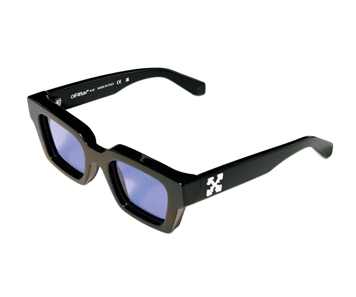 Black sunglasses with blue lenses on a white background