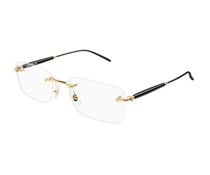 Pair of rimless eyeglasses with gold accents on a white background