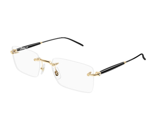 Pair of rimless eyeglasses with gold accents on a white background