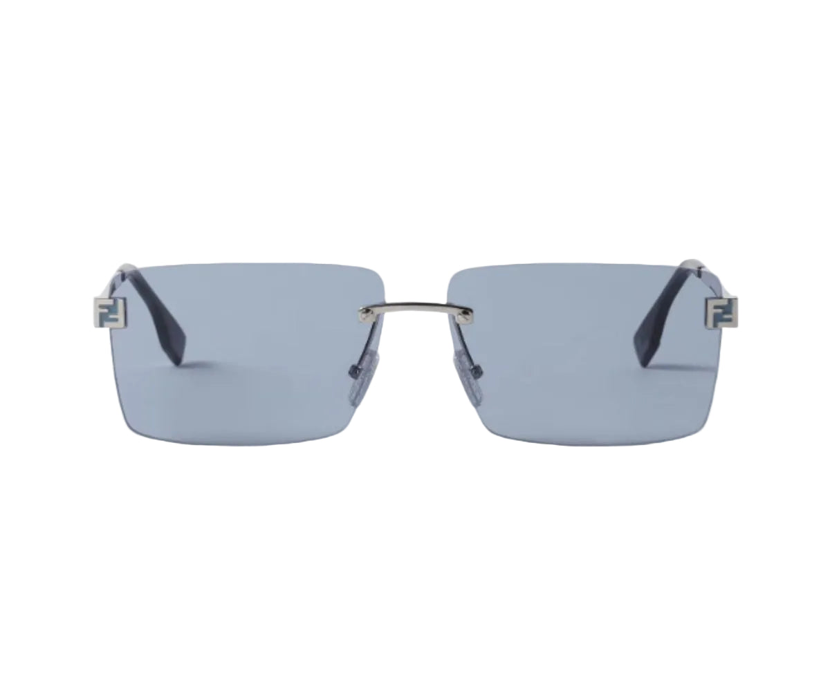 Sunglasses with blue lenses and thin metal frame on a white background
