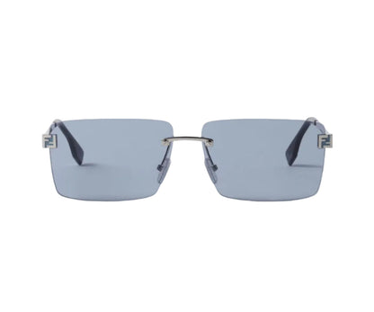 Sunglasses with blue lenses and thin metal frame on a white background