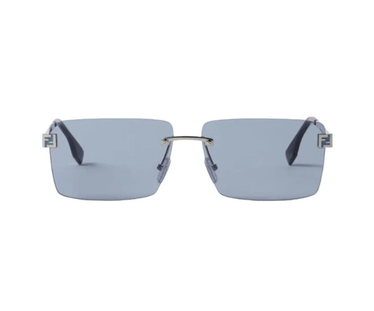 Sunglasses with blue lenses and thin metal frame on a white background