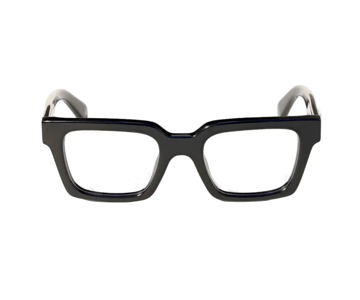 Black eyeglasses with white temples on a white background