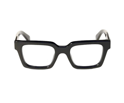 Black eyeglasses with white temples on a white background