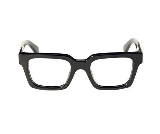 Black eyeglasses with white temples on a white background