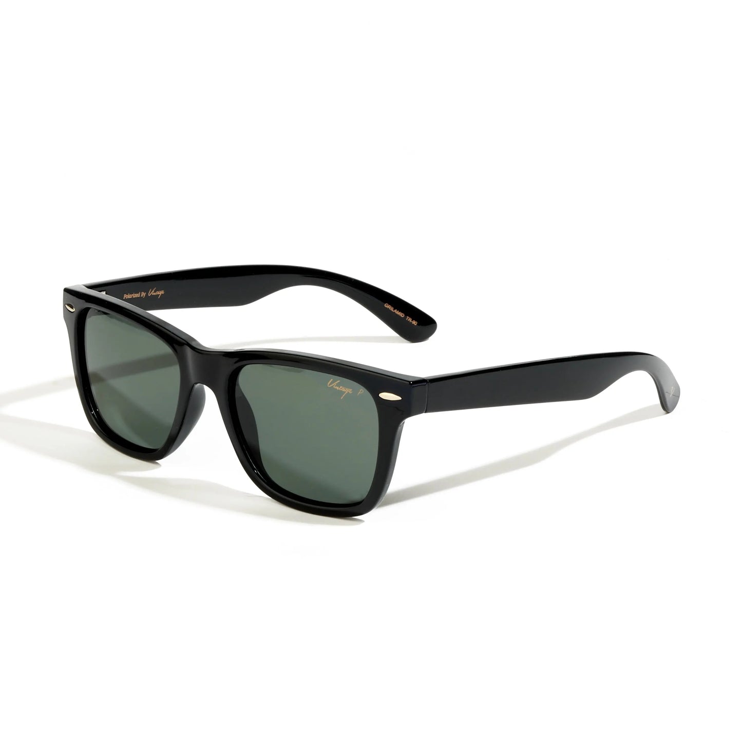 Black sunglasses with green lenses on a white background