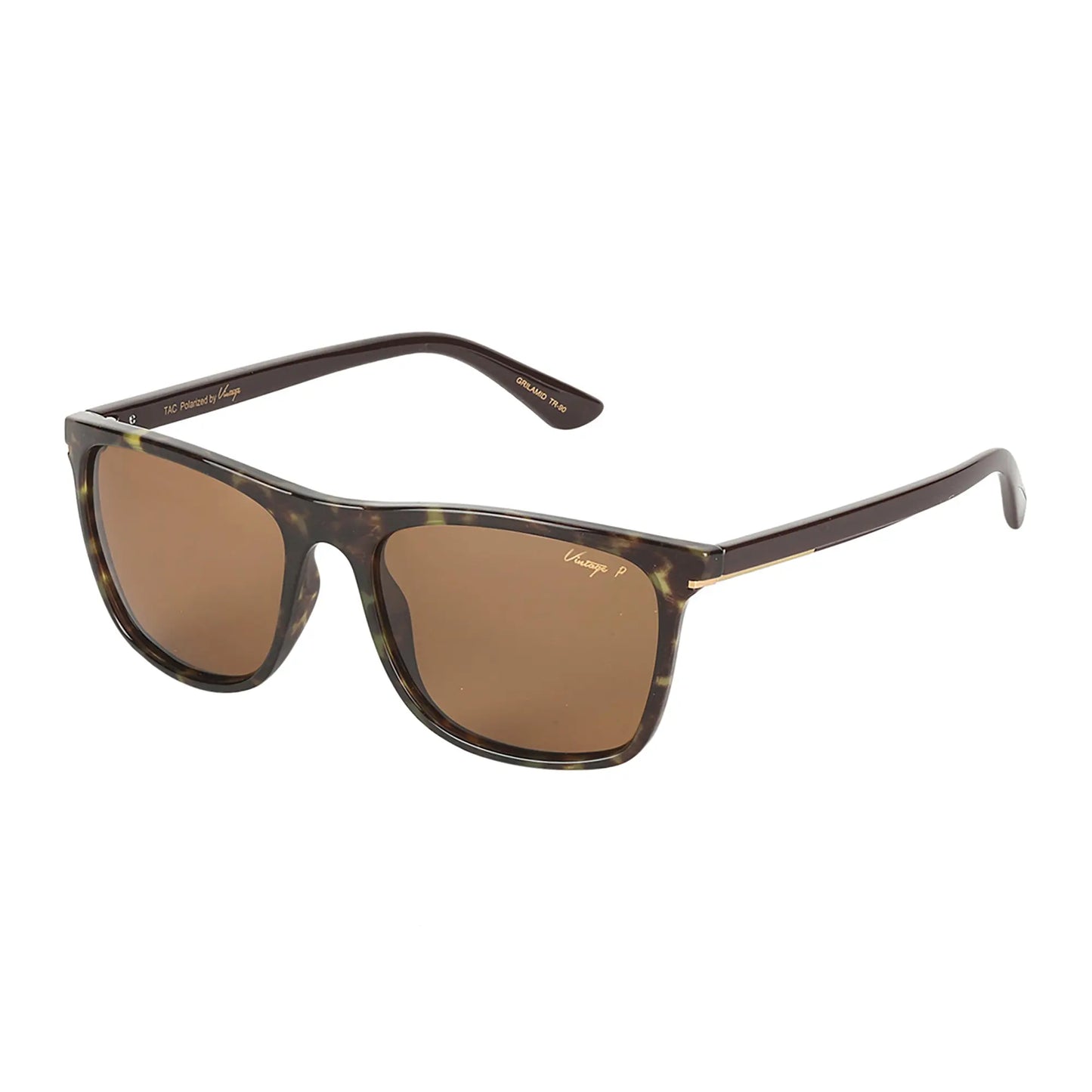 Sunglasses with tortoiseshell frame and brown lenses on a white background