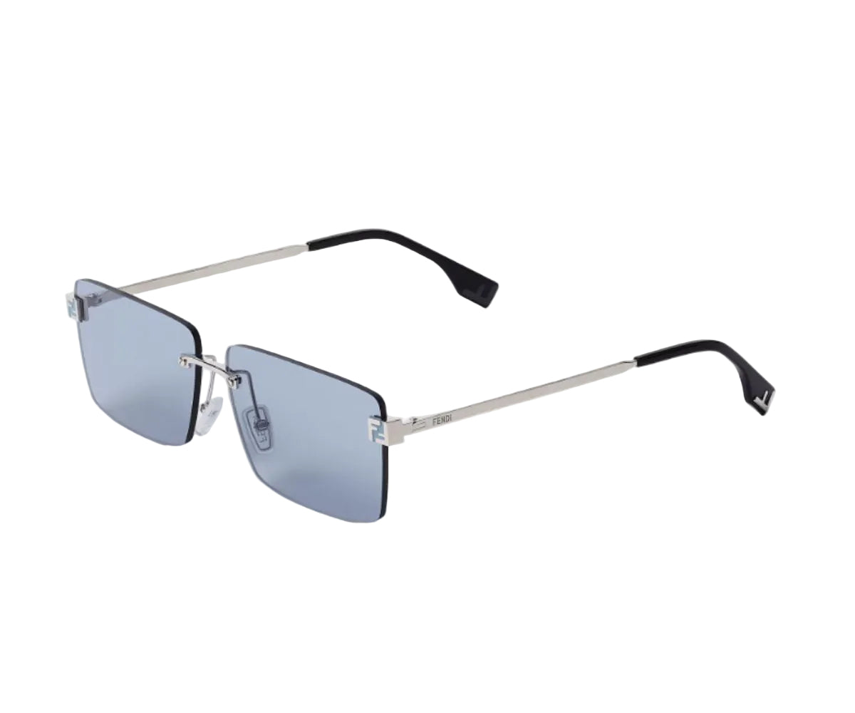 Sunglasses with blue lenses and silver frames on a white background
