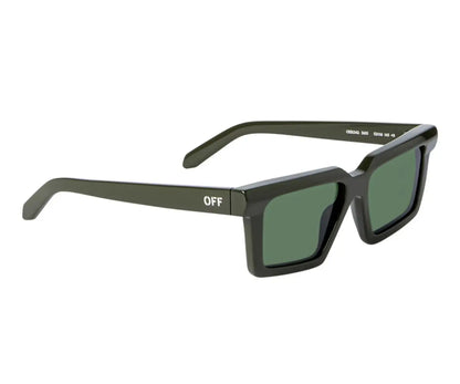 Sunglasses with black frame and green lenses on a white background