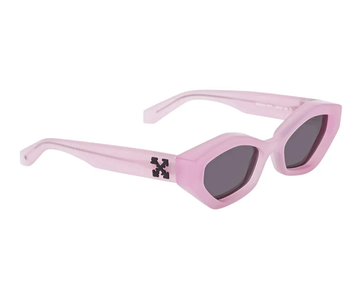Pink sunglasses with dark lenses on a white background