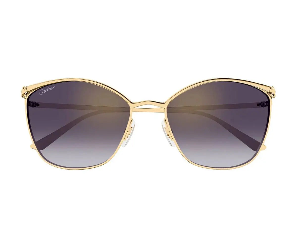 Gold-framed sunglasses with gradient lenses on a white background