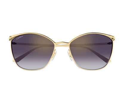 Gold-framed sunglasses with gradient lenses on a white background