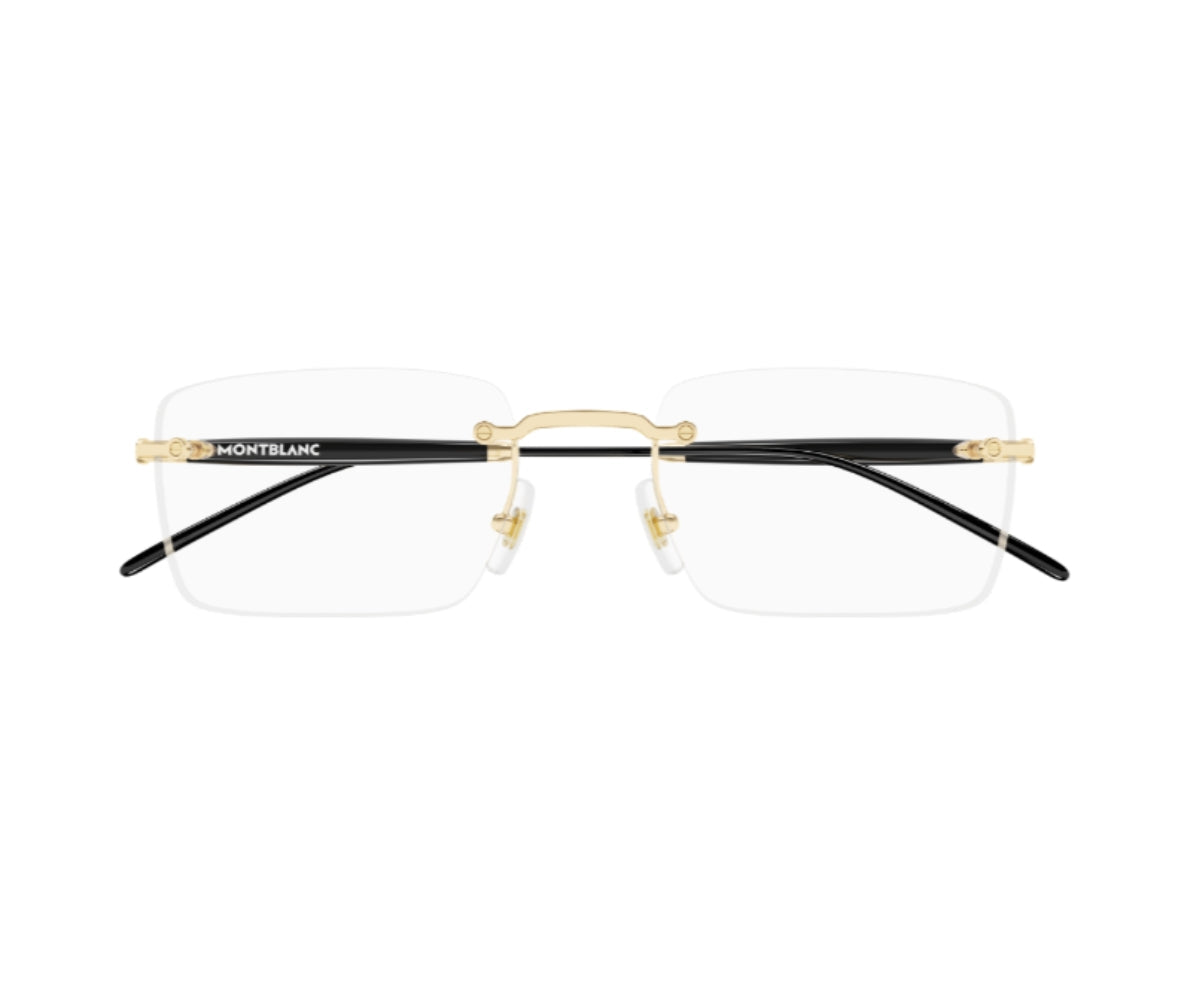 Montblanc eyeglasses with black frame and gold accents on a white background
