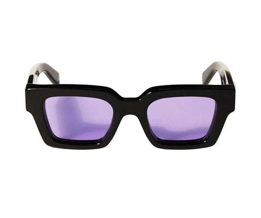 Black sunglasses with purple lenses on a white background