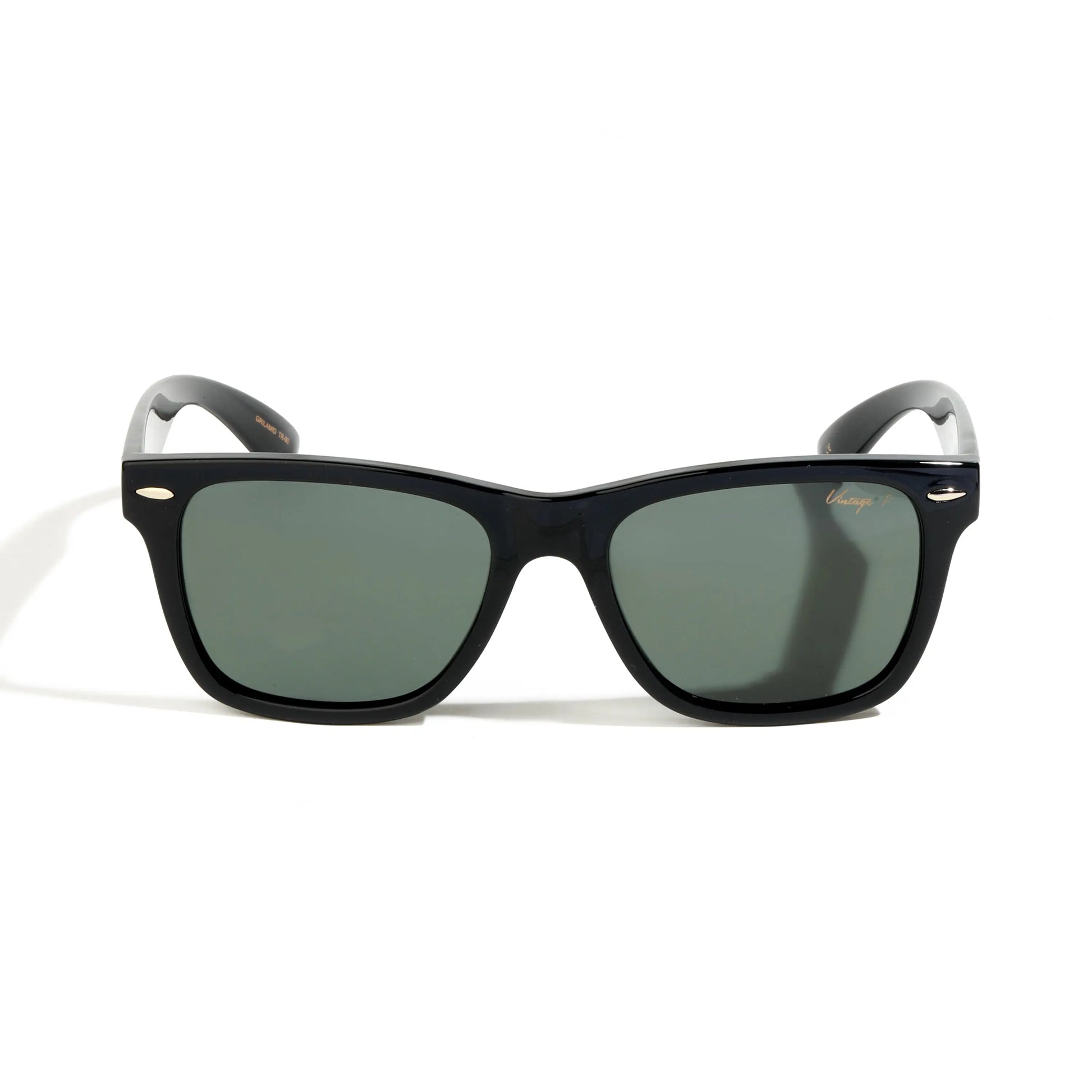 Black sunglasses with gold accents on a white background