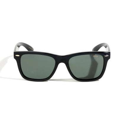 Black sunglasses with gold accents on a white background