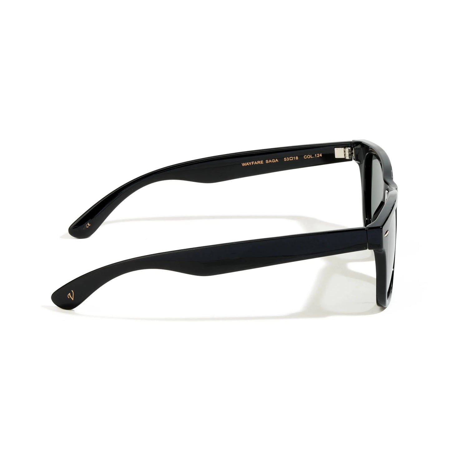 Black sunglasses with gold accents on a white background