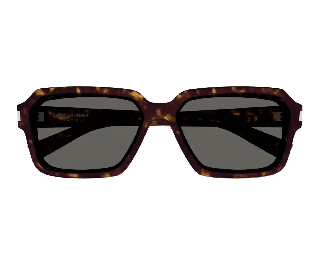 Sunglasses with tortoiseshell frame and dark lenses on a white background