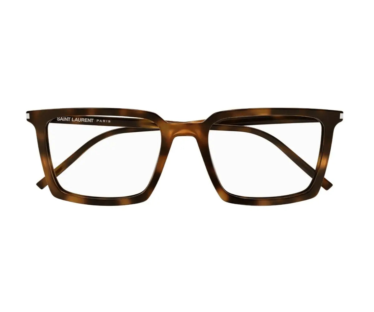 Brown tortoiseshell eyeglasses with 'Saint Laurent' branding on a white background