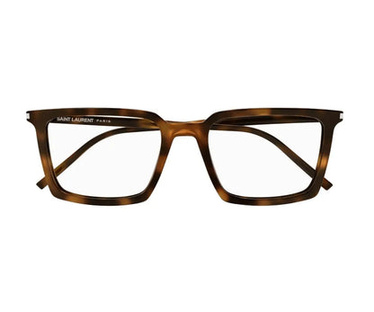 Brown tortoiseshell eyeglasses with 'Saint Laurent' branding on a white background