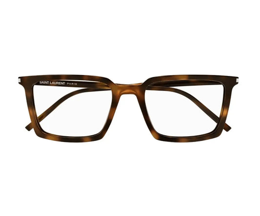 Brown tortoiseshell eyeglasses with 'Saint Laurent' branding on a white background