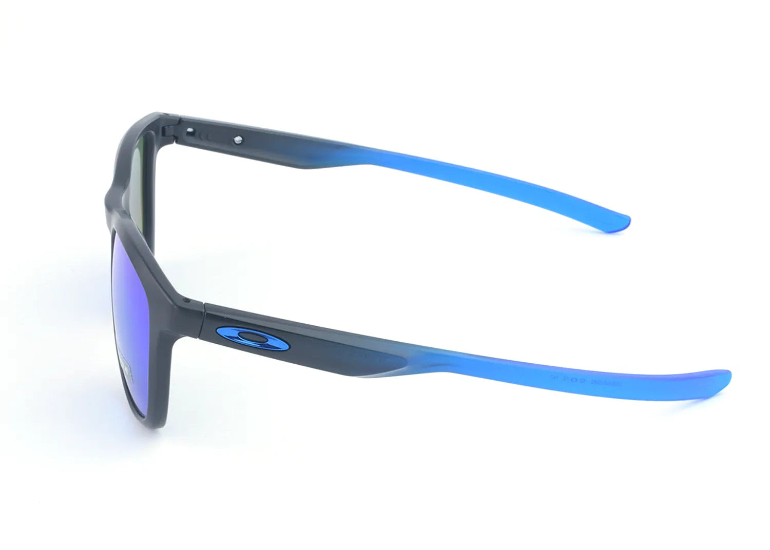 Oakley sunglasses with blue frames and lenses on a white background