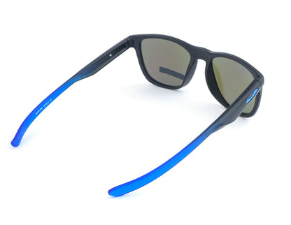 Sunglasses with blue arms and black frames on a white background, featuring Oakley logo.
