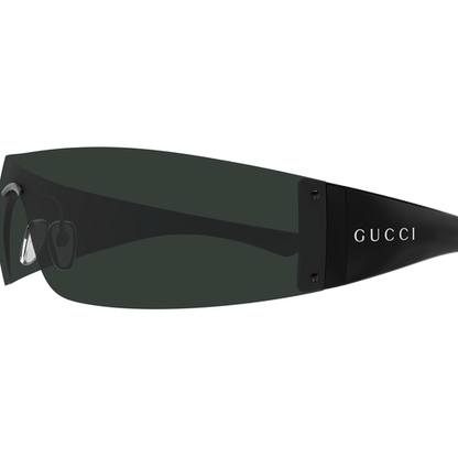 Black sunglasses with 'Gucci' logo on a white background