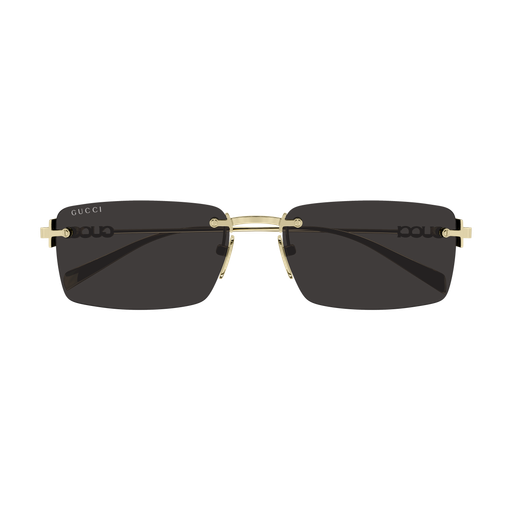 Sunglasses with gold frame and black lenses on a white background