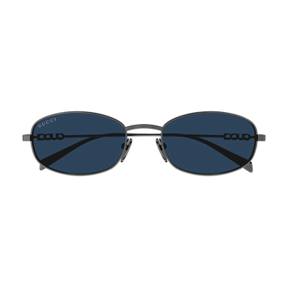 Sunglasses with a black frame and blue lenses on a white background