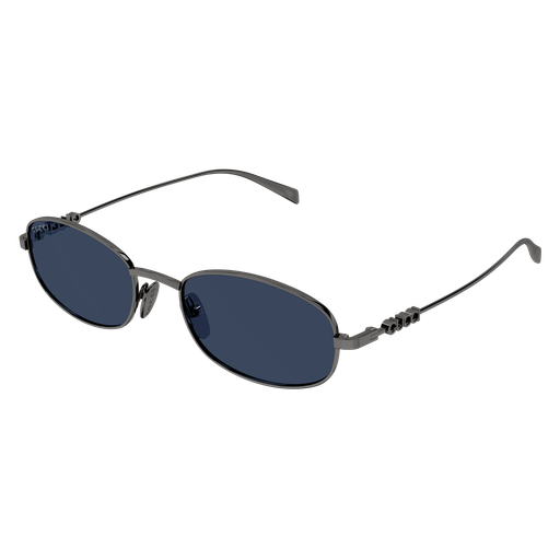 Sunglasses with dark lenses and thin metal frame on a white background