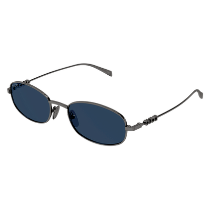 Sunglasses with dark lenses and thin metal frame on a white background