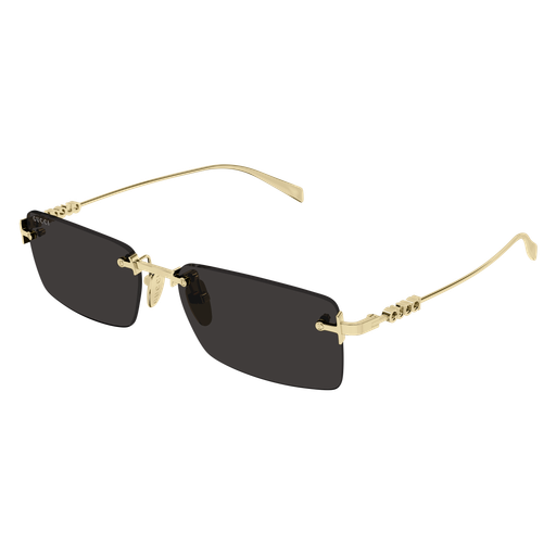 Gold-framed sunglasses with black lenses on a white background