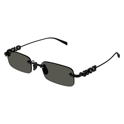 Rectangular sunglasses with black frame and dark lenses on a white background