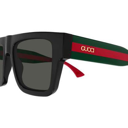 Black sunglasses with red and green accents on a clear background