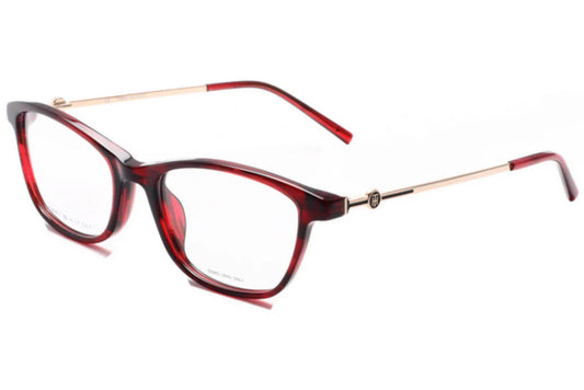 Red eyeglasses with gold accents on a white background