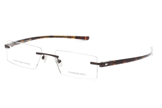 Pair of half-rim eyeglasses on a white background