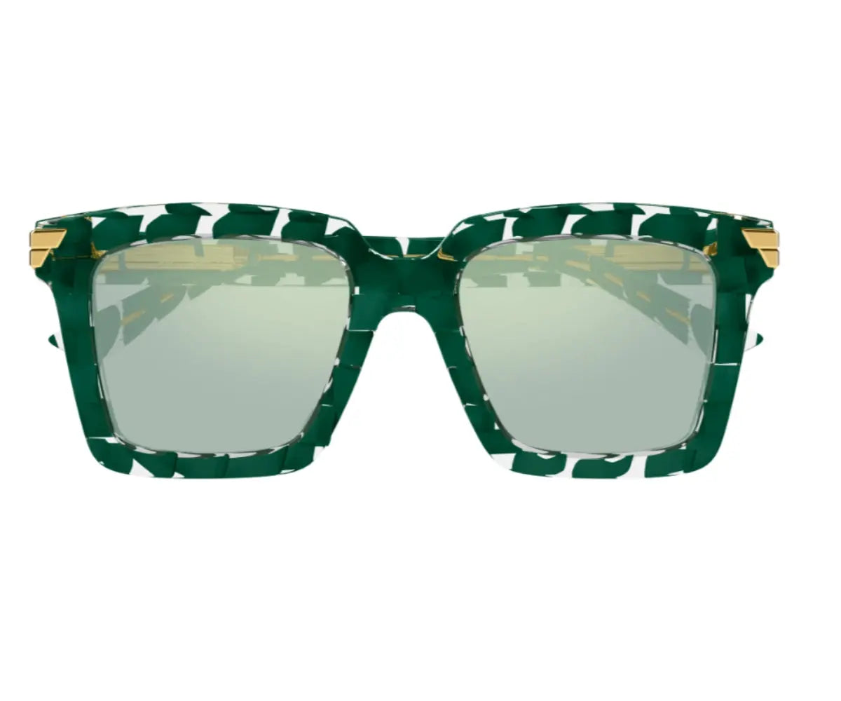 Green sunglasses with a patterned frame on a white background