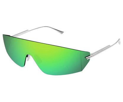 Sunglasses with green reflective lenses and silver frames on a white background