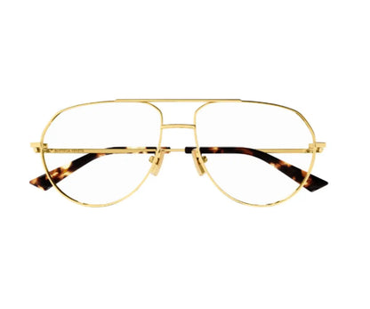 Gold-framed eyeglasses with tortoiseshell arms on a white background