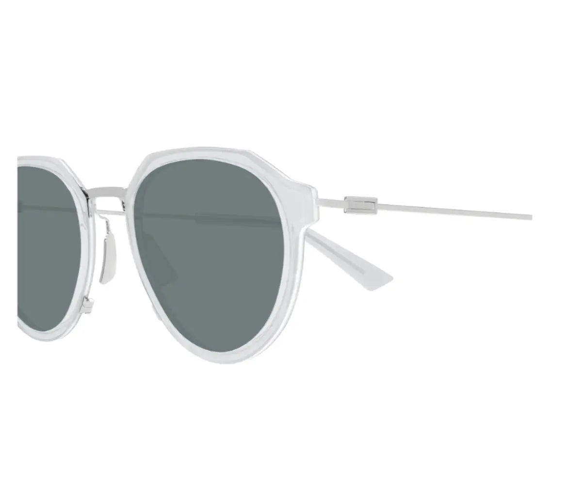 Sunglasses with white frame and dark lenses on a white background