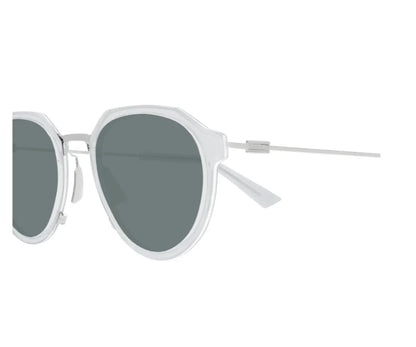 Sunglasses with white frame and dark lenses on a white background
