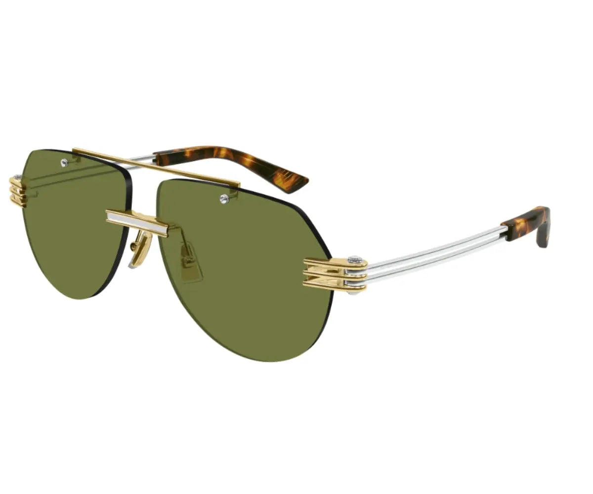 Sunglasses with gold frame and green lenses on a white background
