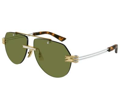 Sunglasses with gold frame and green lenses on a white background