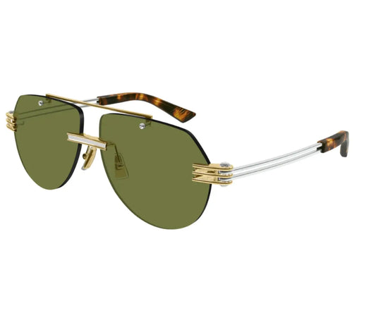 Sunglasses with gold frame and green lenses on a white background