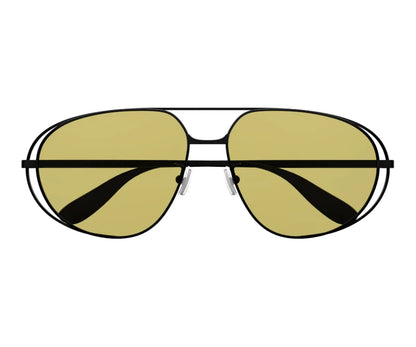 Aviator sunglasses with gold lenses and black frames on a white background