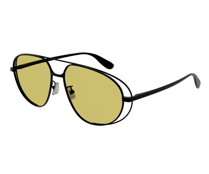 Aviator sunglasses with gold lenses and black frames on a white background