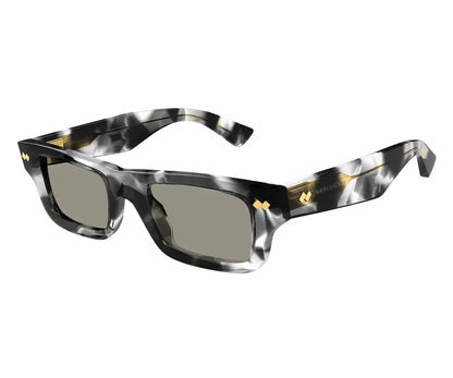 Sunglasses with a gray and gold frame on a white background
