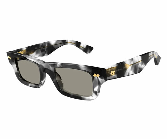 Sunglasses with a gray and gold frame on a white background